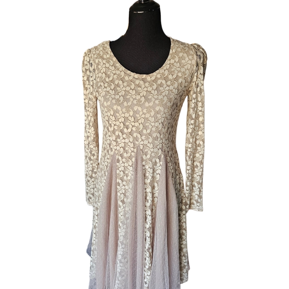 Altar'd State Nude Floral Lace Fit Flare Mini Dress Long Sleeve Small